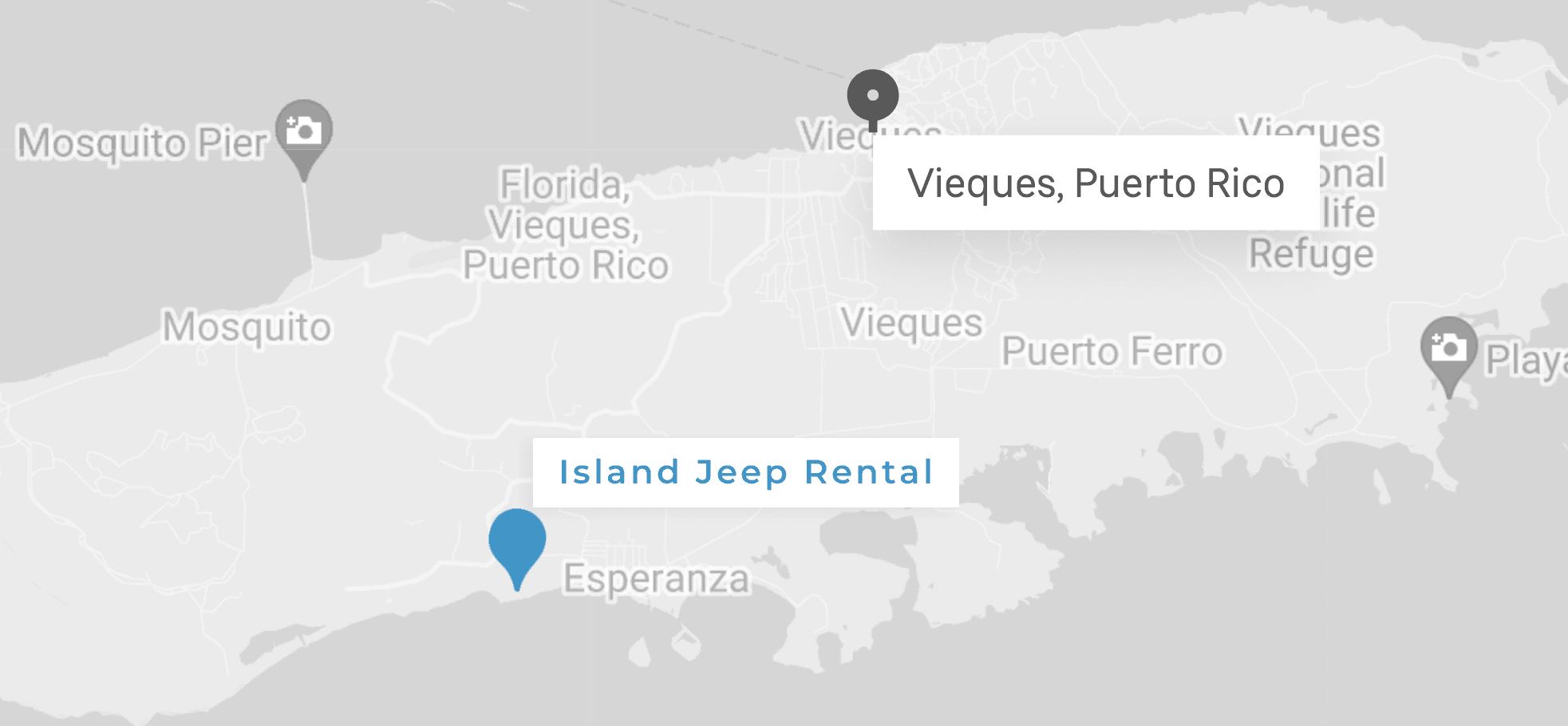 Map of Island Jeep Rental pickup and service area on Vieques, Puerto Rico